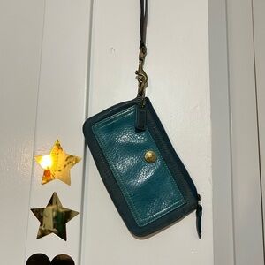 Coach Vintage Teal Leather Wristlet with Gold Accent